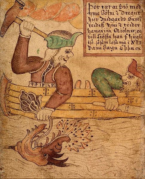 Old drawing of Thor fishing Jörmungandr, the world's serpent