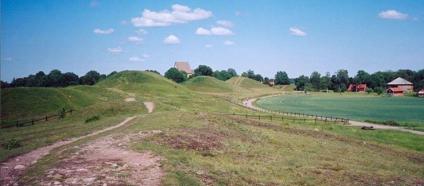 The mounds look like boobs in a plain field with trees in the background