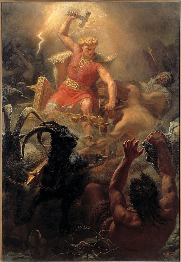 Thor fight the giants. Painting by Mårten Eskil Winge, 1872. Collection: Nationalmuseum, Stockholm, Sweden. Source: Wikipedia