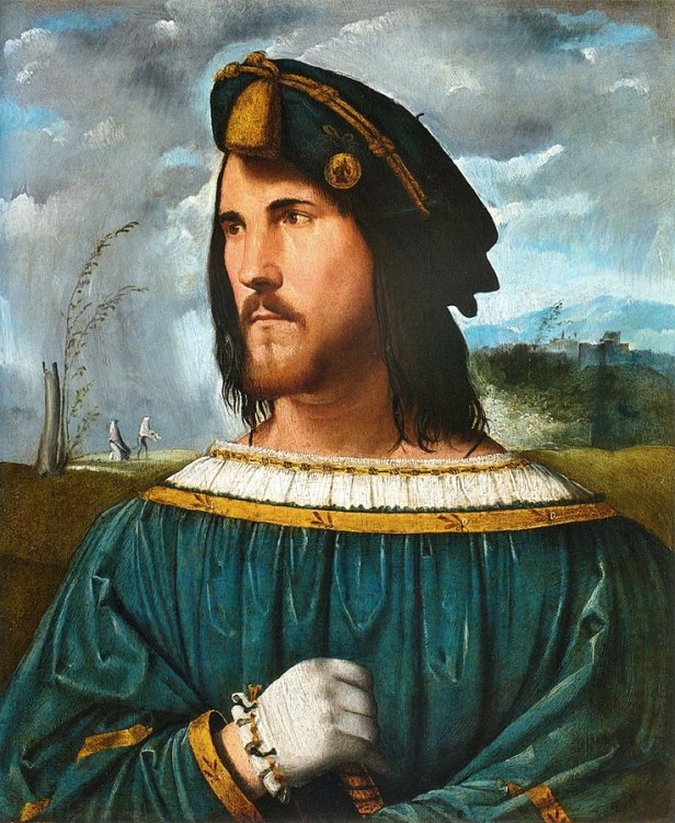 Alleged portrait of Cesare Borgia. Painted by: Altobello Melone. Collection of Accademia Carrara. Source: Wikipedia