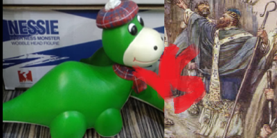 Nessie vs Saint Columba. The picture about Nessie toy was taken by me but I don't claim the ownership of the toy. The painting of Columba was painted by J. R. Skelton, published 1906