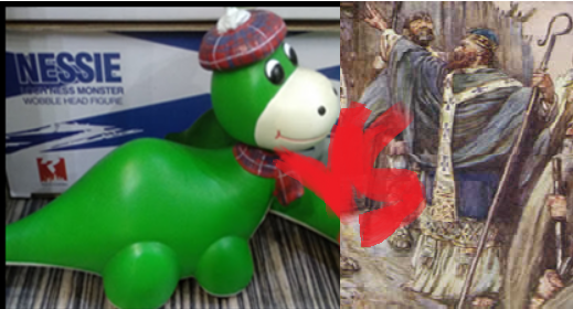 Nessie vs Saint Columba. The picture about Nessie toy was taken by me but I don't claim the ownership of the toy. The painting of Columba was painted by J. R. Skelton, published 1906