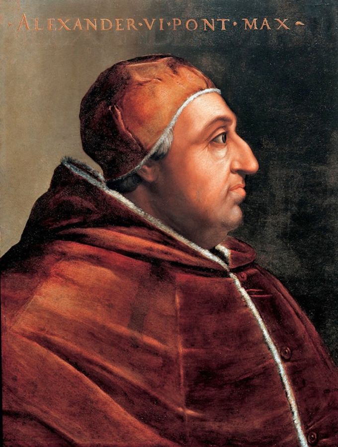 Portrait of Rodrigo Borgia as Pope Alexander VI. Painting by Cristofano dell'Altissimo. Collection: Vasari Corridor. Source: Wikipedia