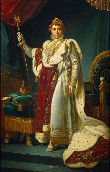 Napoleon wielding the sceptre and wearing a long red and white cloak. On his head rests golden laurels