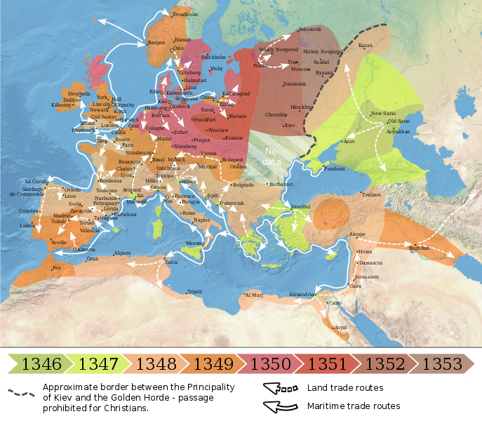 Map of Europe and bits of Asia and Africa showing the advance of the plague from 1346 to 1347