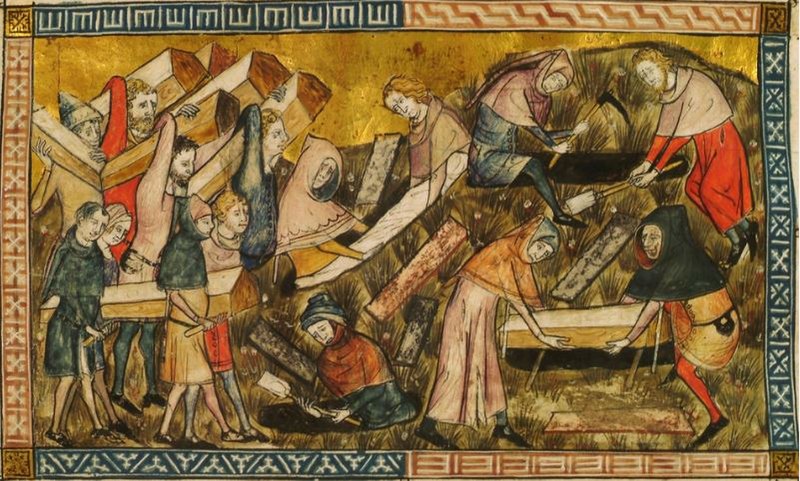 Miniature showing the citizens of Tournai carrying the coffins of the victims to bury them