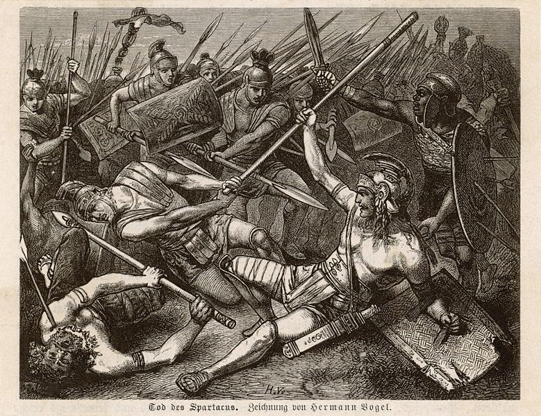 A fallen Spartacus trusts his spear on the belly of Roman, while around him rebels and soldiers battle 