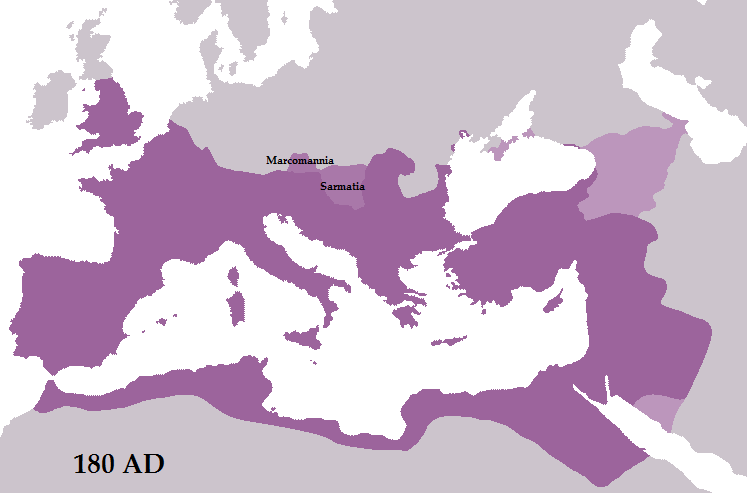 Extent of the Roman empire during Marcus Aurelius' times. In light purple Marcomannia and Sarmatia, the Roman provinces that never were