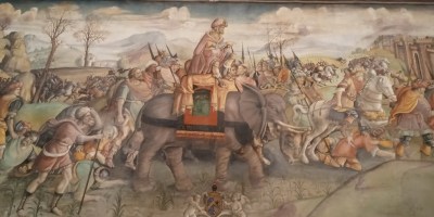 Hannibal and his elephant-reinforced army crossing the Alps. This episode arguably became one of the most famous of his career, and has inspired numerous works of art. Painting by Jacopo Ripanda, 1510. Collection of the Capitoline Museums. Picture taken by the author of this blog.
