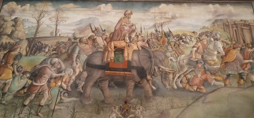 Hannibal and his elephant-reinforced army crossing the Alps. This episode arguably became one of the most famous of his career, and has inspired numerous works of art. Painting by Jacopo Ripanda, 1510. Collection of the Capitoline Museums. Picture taken by the author of this blog.